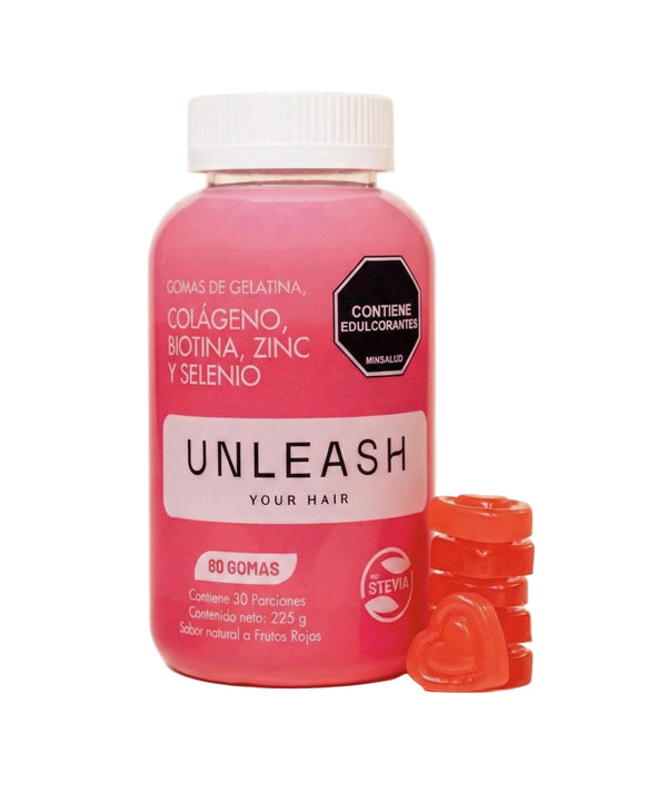 UNLEASH -Gomitas anti caída para el crecimiento del cabello - Colágeno • Biotina • Zinc • Selenio